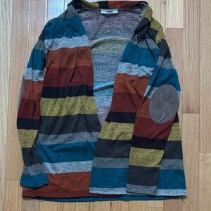 Eloges Striped Open Cardigan with Elbow Patch